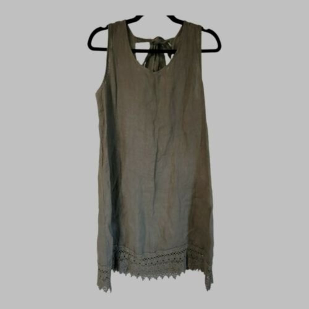 Rosemarine Linen‎ Dress Green Scoop Neck Mini Shift Boho Lagenlook Beach xs